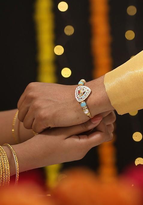 Kundan Studded And Pearl Beaded Meenakari Bhaiya Bhabhi Chain Rakhi With Roli And Chawal