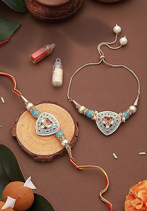 Kundan Studded And Pearl Beaded Meenakari Bhaiya Bhabhi Chain Rakhi With Roli And Chawal