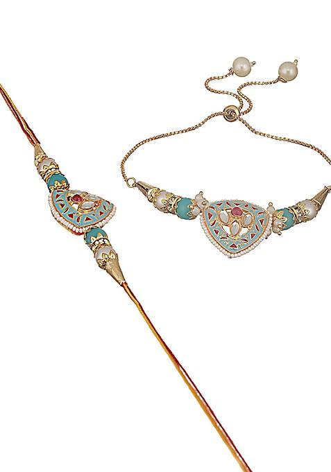 Kundan Studded And Pearl Beaded Meenakari Bhaiya Bhabhi Chain Rakhi With Roli And Chawal