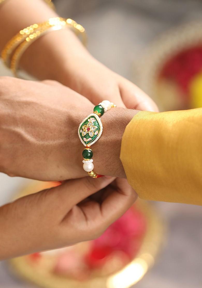 Kundan Studded And Pearl Beaded Meenakari Bhaiya Bhabhi Chain Rakhi With Roli And Chawal - Indya