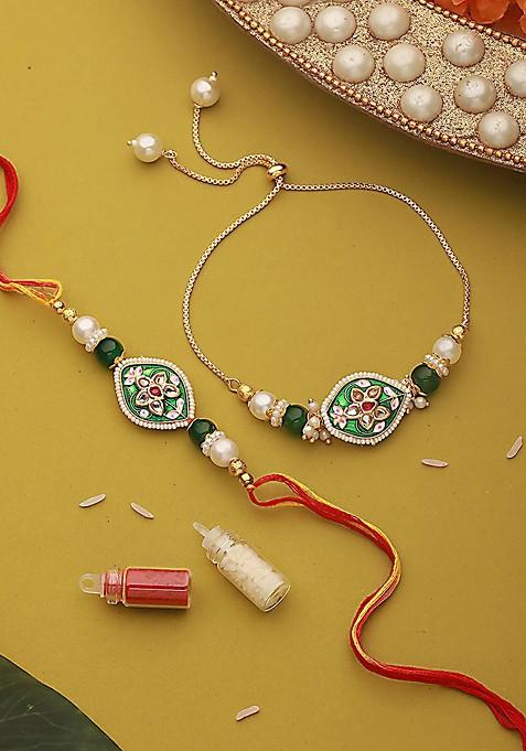 Kundan Studded And Pearl Beaded Meenakari Bhaiya Bhabhi Chain Rakhi With Roli And Chawal