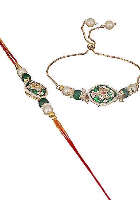 Kundan Studded And Pearl Beaded Meenakari Bhaiya Bhabhi Chain Rakhi With Roli And Chawal