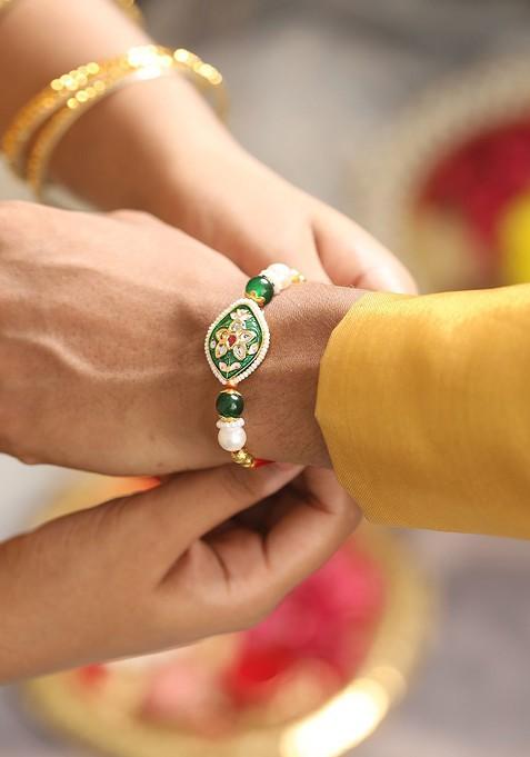 Kundan Studded And Pearl Beaded Meenakari Bhaiya Bhabhi Chain Rakhi With Roli And Chawal