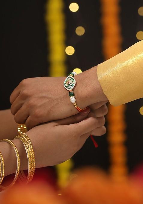 Kundan Studded And Pearl Beaded Meenakari Bhaiya Bhabhi Chain Rakhi With Roli And Chawal