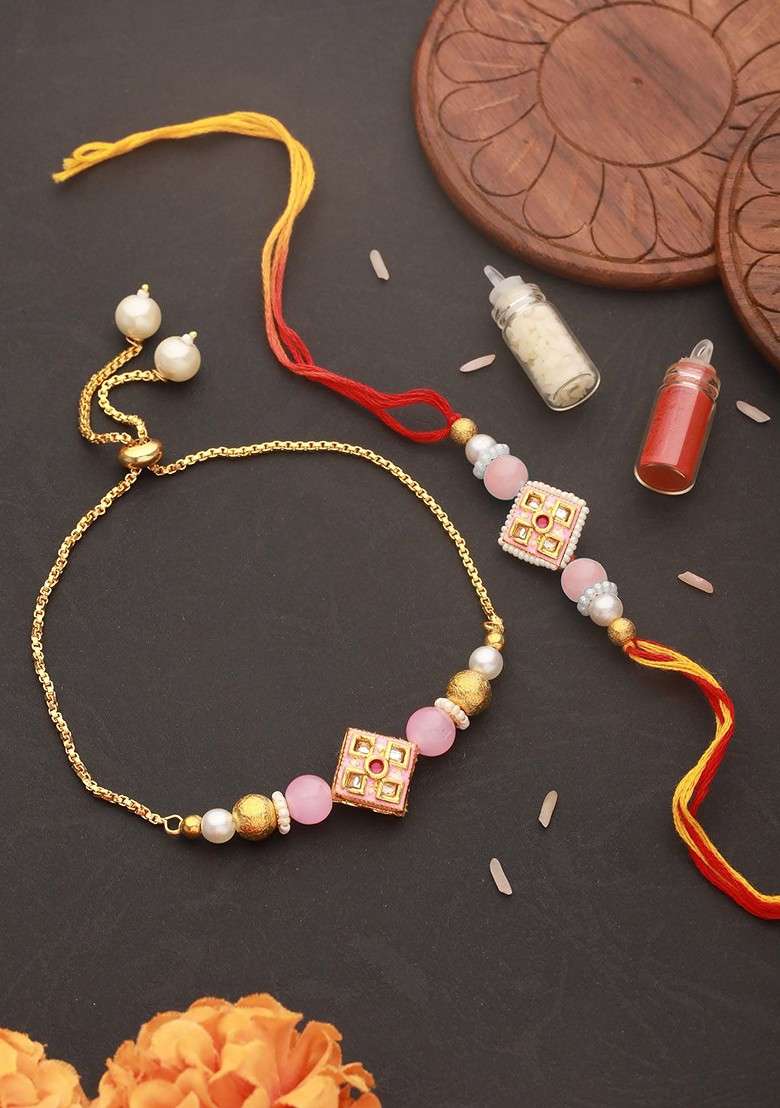 Kundan Studded And Pearl Beaded Bhaiya Bhabhi Chain Rakhi With Roli And Chawal - Indya