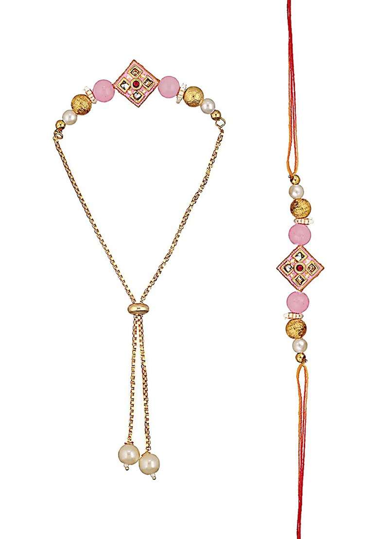 Kundan Studded And Pearl Beaded Bhaiya Bhabhi Chain Rakhi With Roli And Chawal - Indya