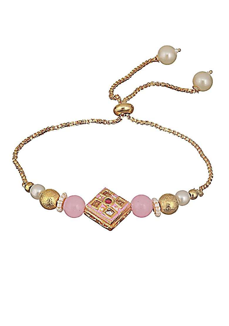 Kundan Studded And Pearl Beaded Bhaiya Bhabhi Chain Rakhi With Roli And Chawal - Indya