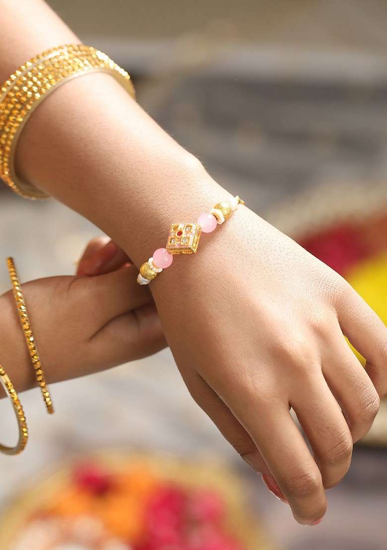 Kundan Studded And Pearl Beaded Bhaiya Bhabhi Chain Rakhi With Roli And Chawal - Indya
