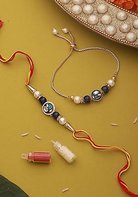 Kundan Studded And Pearl Beaded Bhaiya Bhabhi Chain Rakhi With Roli And Chawal