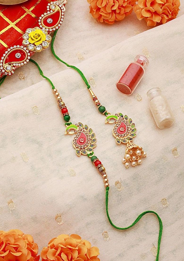 Peacock Shaped Meena Work Bhaiya Bhabhi Rakhi With Roli And Chawal