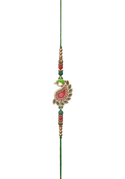 Peacock Shaped Meena Work Bhaiya Bhabhi Rakhi With Roli And Chawal