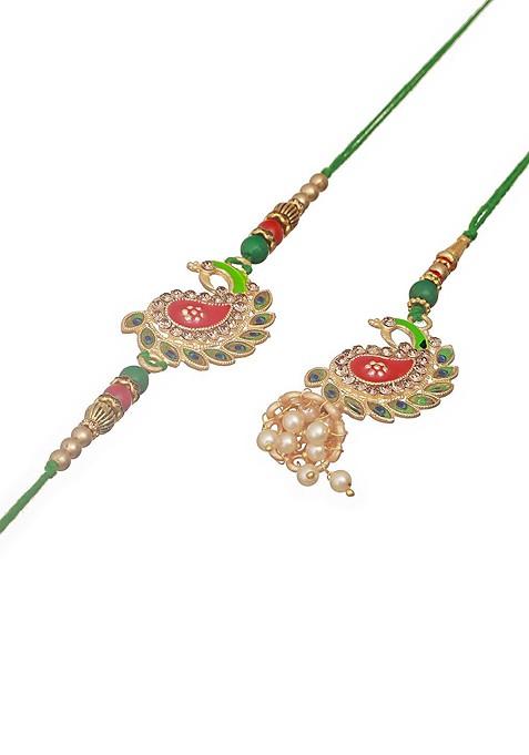 Peacock Shaped Meena Work Bhaiya Bhabhi Rakhi With Roli And Chawal