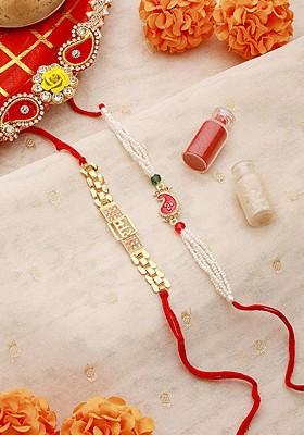 Set Of 2 Pearl Beaded Thread Rakhis With Roli Chawal