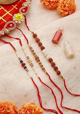 Set Of 4 Rudraksh Beaded Rakhi With Roli And Chawal