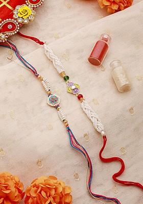 Set Of 2 Pearl Beaded And Meenakari Thread Rakhis With Roli Chawal