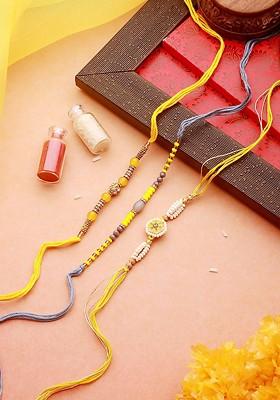 Set Of 3 Faux Pearls Beaded Thread Rakhi With Roli And Chawal