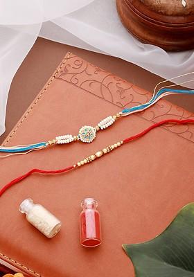 Set Of 2 Faux Pearls Beaded And Enamelled Thread Rakhi With Roli And Chawal