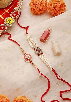 Set Of 2 Floral Faux Pearl Beaded And Meena Work Rakhis With Roli And Chawal