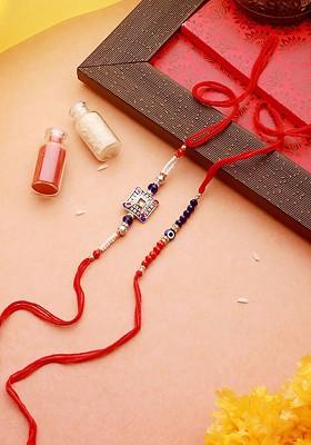 Set Of 2 Stone Studded And Beaded Rakhi With Roli Chawal