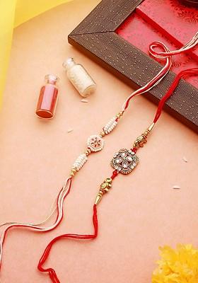 Set Of 2 Beaded Thread Rakhis With Roli Chawal