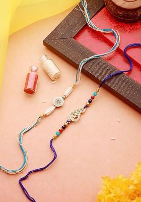 Set Of 2 Faux Pearl Beaded And Peacock Shaped Thread Rakhi With Roli Chawal