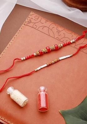 Set Of 2 Faux Pearl Beaded Thread Rakhi With Roli Chawal
