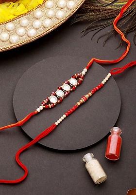 Set Of 2 Kundan Studded And Faux Pearl Beaded Thread Rakhi With Roli Chawal