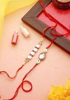 Set Of 2 Classic Kundan Studded Thread Rakhi With Roli Chawal