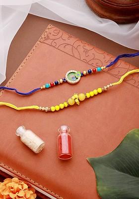 Set Of 2 Pearl Beaded Thread Rakhis With Roli Chawal