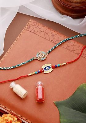 Set Of 2 Evil Eye And Leaf Meena Work Rakhi With Roli Chawal
