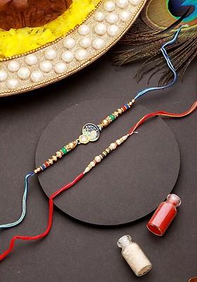 Set Of 2 Enamelled And Faux Pearl Beaded Thread Rakhis With Roli Chawal