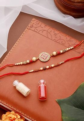 Set Of 2 Faux Pearl Beaded Thread Rakhis With Roli Chawal