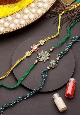 Unisex Set Of 3 Leaf Designed Beaded Rakhis With Roli Chawal