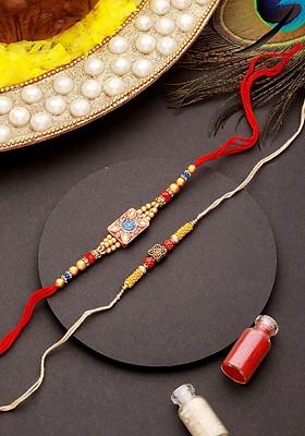 Set Of 2 Om And Rudraksh Thread Rakhi With Roli Chawal