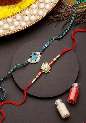 Set Of 2 Cz Studded Thread Rakhis With Roli Chawal