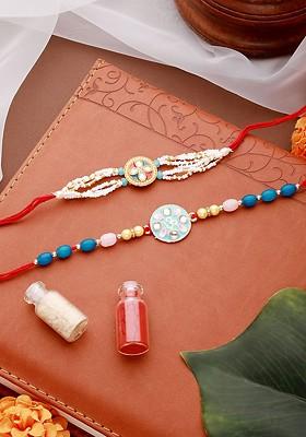 Set Of 2 Meena Work And Pearl Beaded Thread Rakhi With Roli Chawal