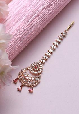 Rose Gold Plated Magenta And White Ad Studded And Beaded Maangtika