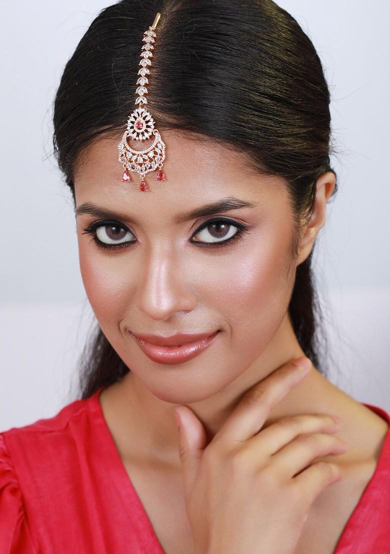 Rose Gold Plated Magenta And White Ad Studded And Beaded Maangtika