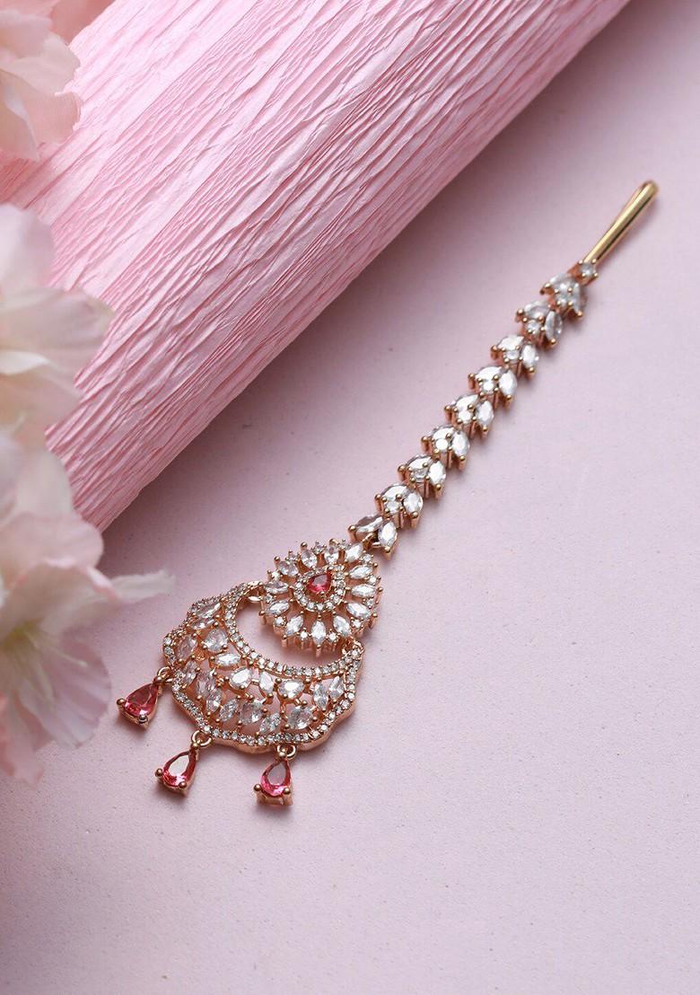 Rose Gold Plated Magenta And White Ad Studded And Beaded Maangtika