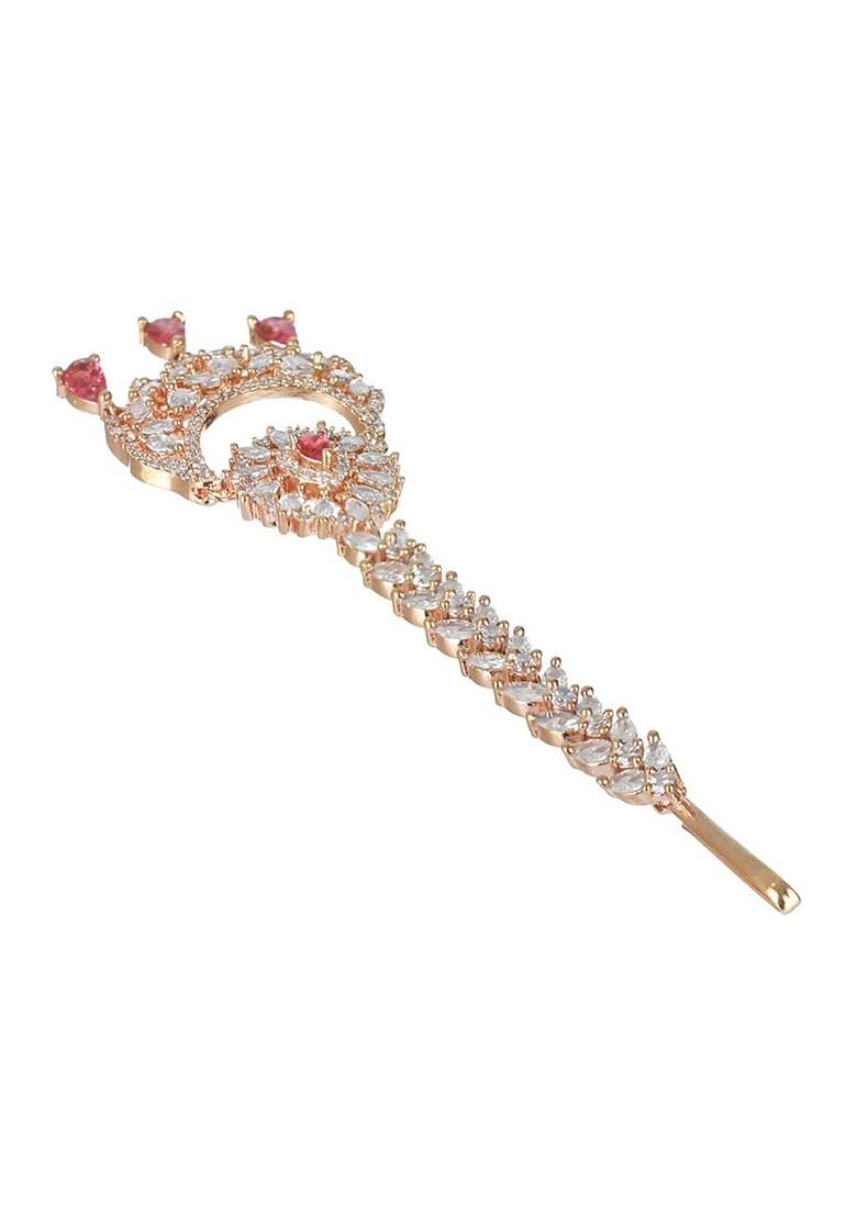 Rose Gold Plated Magenta And White Ad Studded And Beaded Maangtika