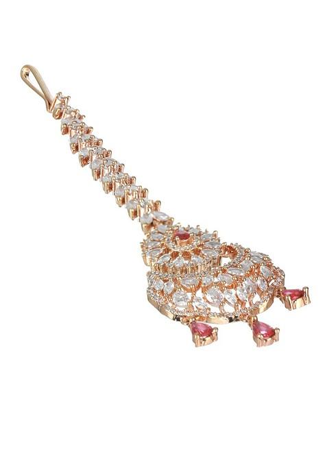 Rose Gold Plated Magenta And White Ad Studded And Beaded Maangtika
