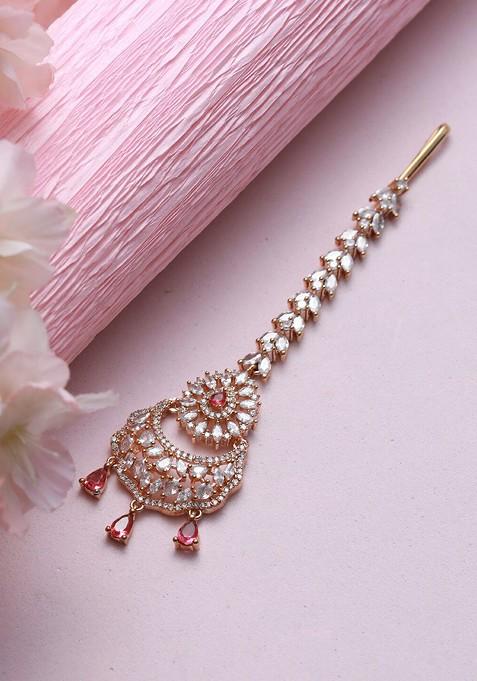 Rose Gold Plated Magenta And White Ad Studded And Beaded Maangtika