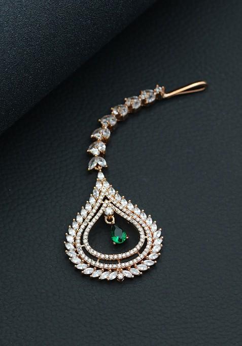 Gold Plated White And Green Ad Studded Handcrafted Maang Tikka