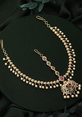 Gold Plated Ad Studded And Beaded Matha Patti