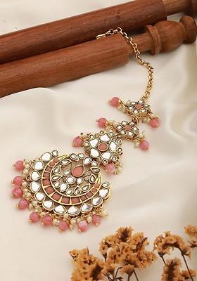 Gold Plated Stones Studded And Beaded Maang Tikka