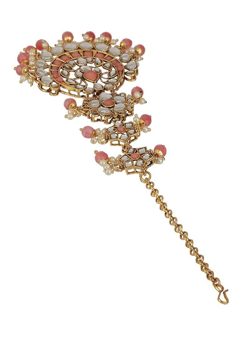 Gold Plated Stones Studded And Beaded Maang Tikka