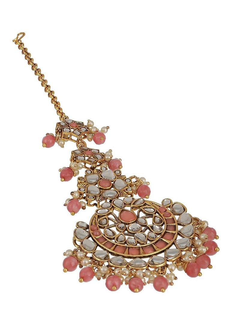 Gold Plated Stones Studded And Beaded Maang Tikka