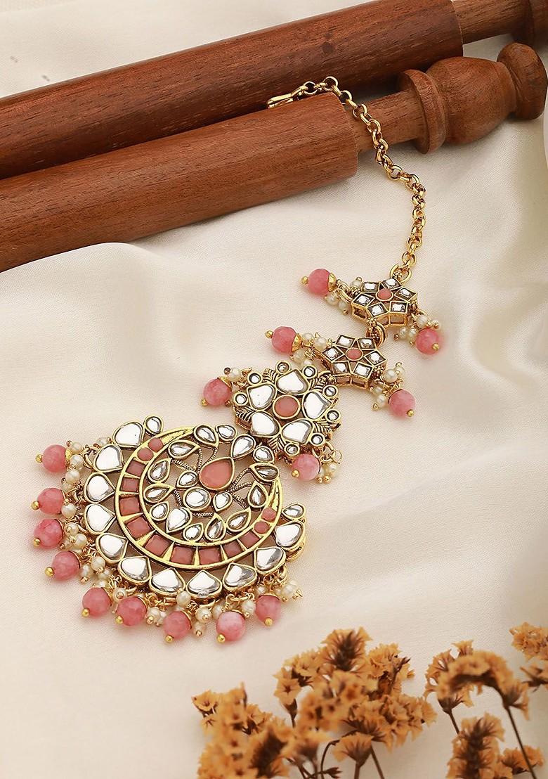 Gold Plated Stones Studded And Beaded Maang Tikka