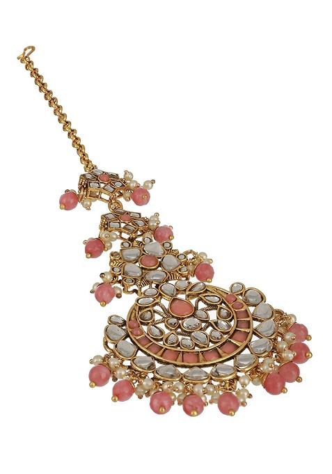 Gold Plated Stones Studded And Beaded Maang Tikka