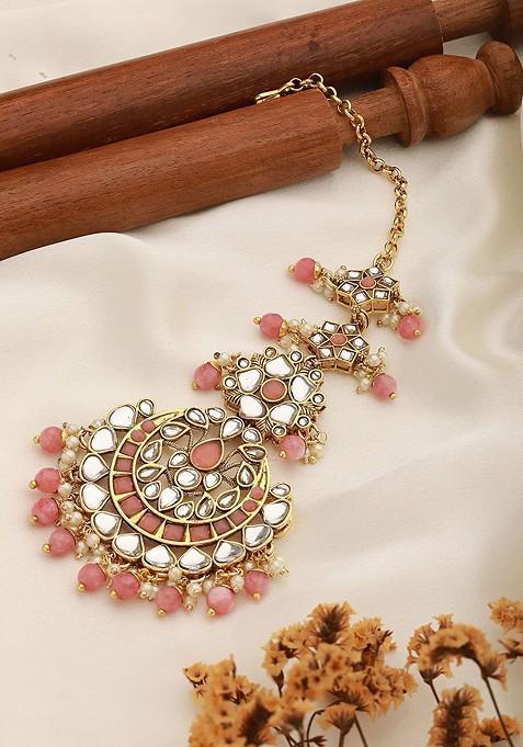 Gold Plated Stones Studded And Beaded Maang Tikka